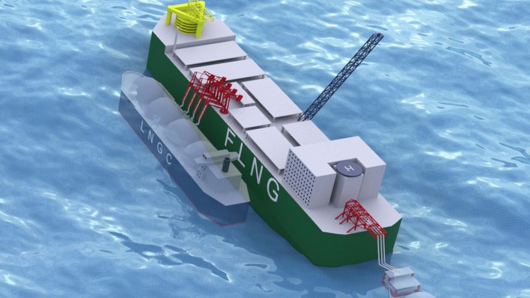 3D view showing a LNGC receiving energy from a FLNG via loading arms in the open sea