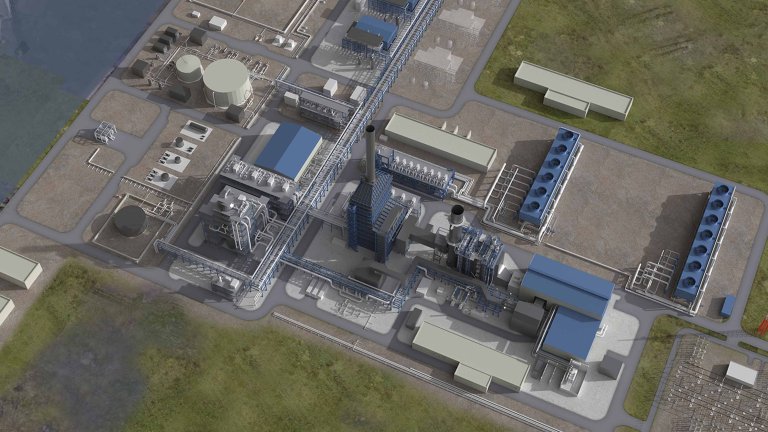 Vue aérienne d'un complexe industriel avec plusieurs structures, y compris des réservoirs de stockage et des unités de refroidissement, entouré de verdure