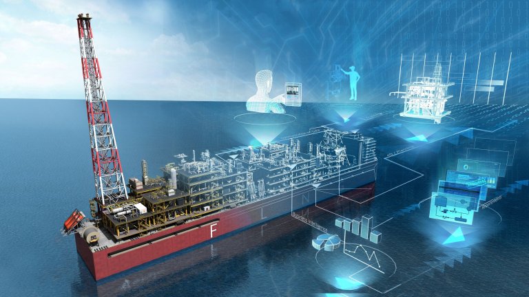 A digital rendering of a floating production storage and offloading (FPSO) vessel at sea, featuring various holographic icons representing data and technology
