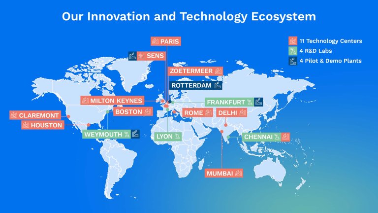 Map of Our Innovation and Technology Ecosystem (11 Technology Centers, 4 R&D Labs, 4 Pilot & Demo Plants)