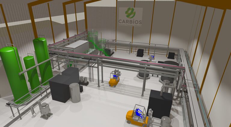 Industrial facility interior with pipes, tanks, and platforms
