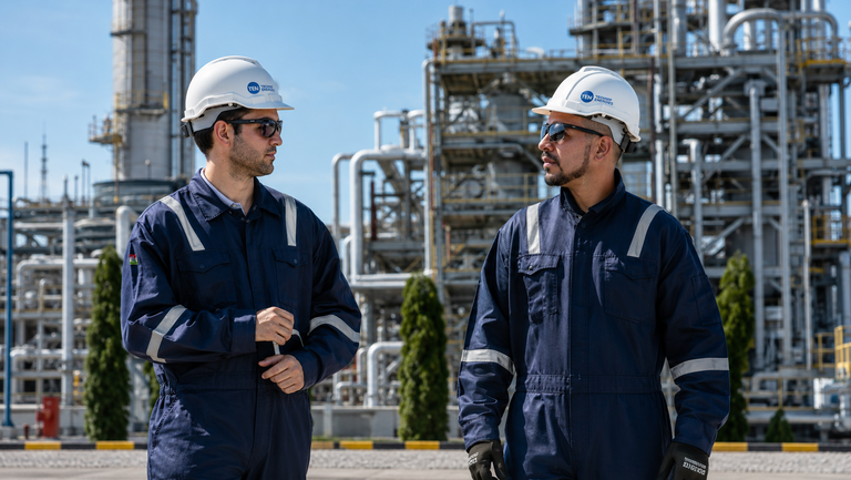 Two industrial workers at a large industrial processing plant, surrounded by metal pipes, towers, and equipment.