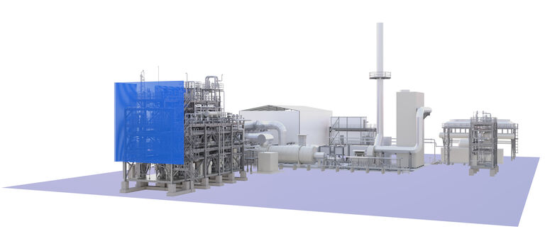 Side view of an industrial plant with a long cylindrical unit and a blue-highlighted processing structure.