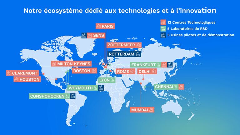 Carte de notre écosystème dédié aux technologies et à l'innovation (12 centres technologiques, 5 laboratoires de R&D, 5 usines pilotes et de démonstration)