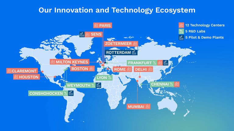 Map of Our Innovation and Technology Ecosystem (12 Technology Centers, 5 R&D Labs, 5 Pilot & Demo Plants)