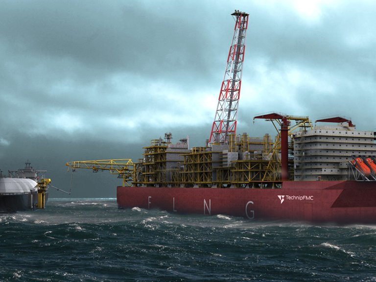 Floating LNG facility in stormy waters, showcasing advanced offshore gas extraction technology