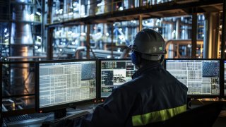 Industrial worker monitoring data on multiple screens in a high-tech facility