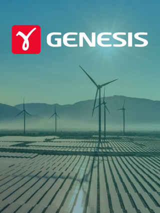 A landscape featuring wind turbines in the background with solar panels in the foreground, overlaid with the logo of "GENESIS" in red