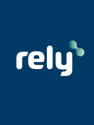 A simple and modern design featuring the logo of "rely" in white text on a dark blue background, accompanied by its iconic molecule in light green