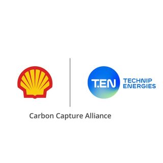 Banner featuring a carbon capture plant on the left part; the Shell and Technip Energies alliance logo in the center; and two decarbonization engineer experts in safety gear on the right