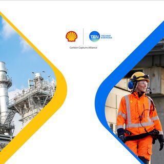 Banner featuring a carbon capture plant on the left part; the Shell and Technip Energies alliance logo in the center; and two decarbonization engineer experts in safety gear on the right