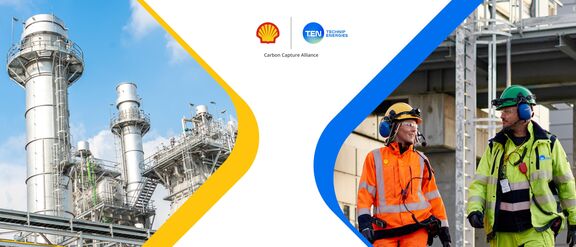Banner featuring a carbon capture plant on the left part; the Shell and Technip Energies alliance logo in the center; and two decarbonization engineer experts in safety gear on the right