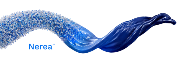 A blue wave graphic flows across transitioning from a cluster of small plastic particles into a smooth, oily liquid on the right. The word “Nerea™” appears in blue text beneath 