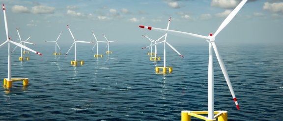 Bannière INO15™ d'une modélisation 3D de parcs éoliens flottants dans les eaux américaines