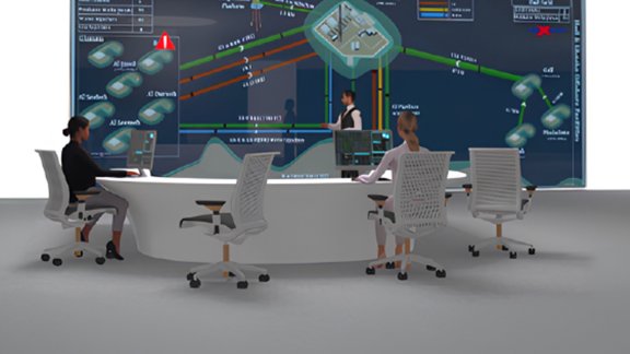 3D modelisation of people working in a meeting room, with a large board in the background showcasing data