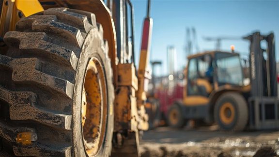 Close-up of a construction vehicle tire on a job site, with other construction machinery in the background