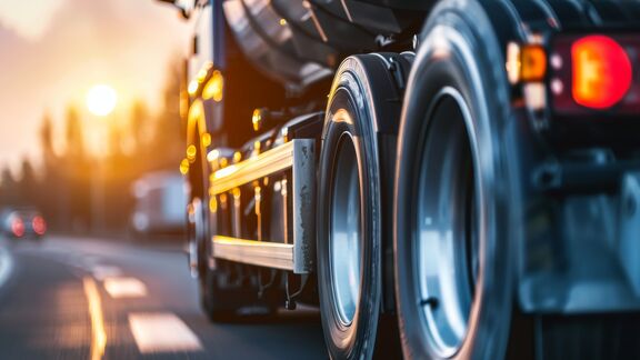 A large truck is driving down a highway, surrounded by other vehicles. The image focuses on its tires