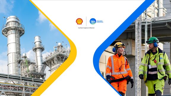 Banner featuring a carbon capture plant on the left part; the Shell and Technip Energies alliance logo in the center; and two decarbonization engineer experts in safety gear on the right