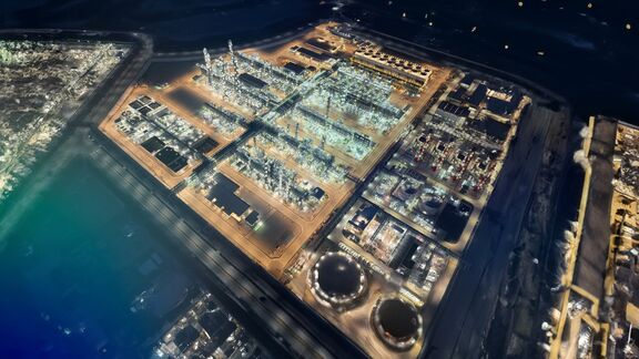 Aerial picture of Long Son Petrochemicals olefins plant in Vietnam, by night