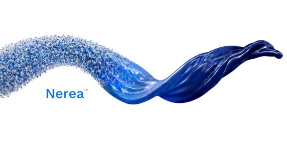 A blue wave graphic flows across transitioning from a cluster of small plastic particles into a smooth, oily liquid on the right. The word “Nerea™” appears in blue text beneath 